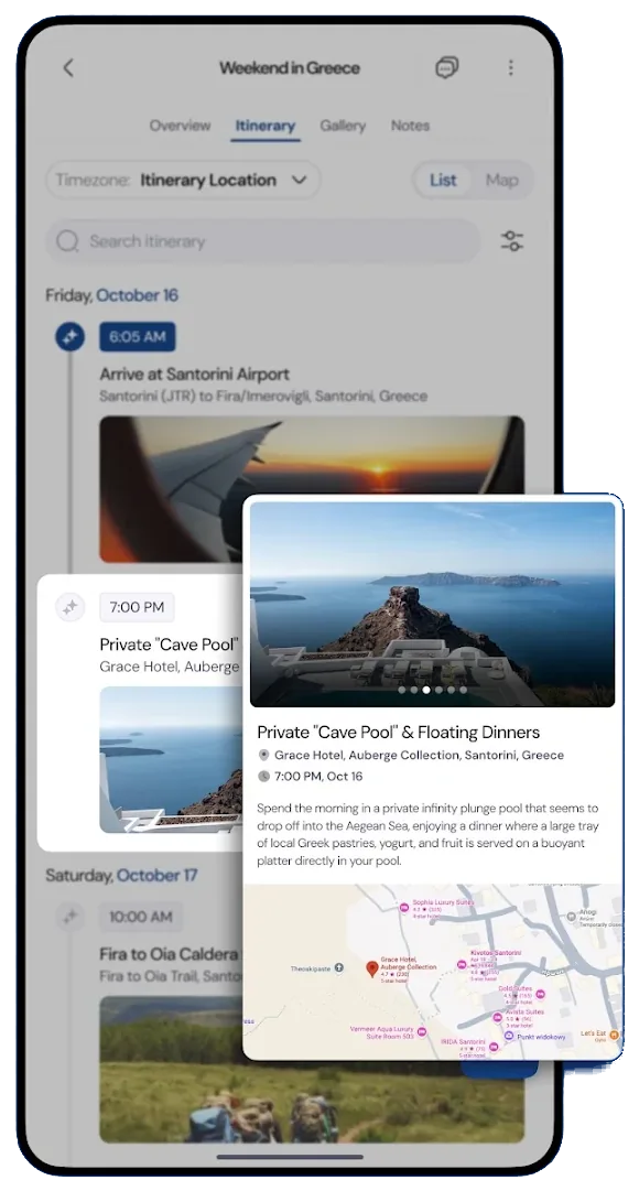 Venture Ashore group travel app showing curated tours and private guide chat